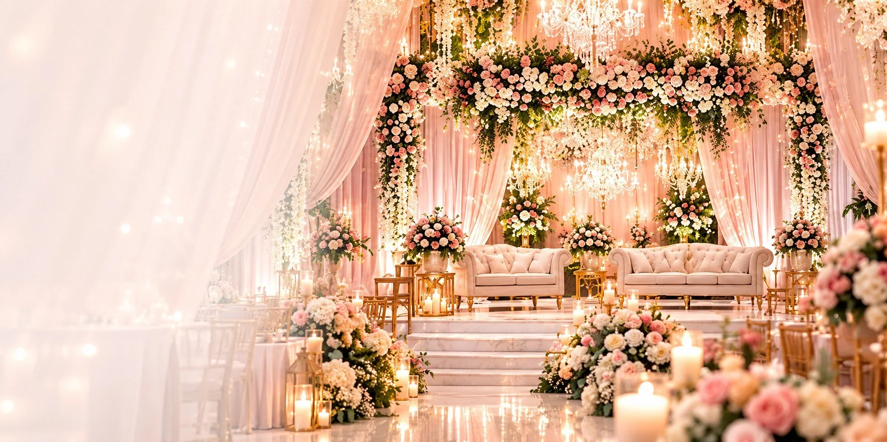 Warmly lit event setup with chandeliers