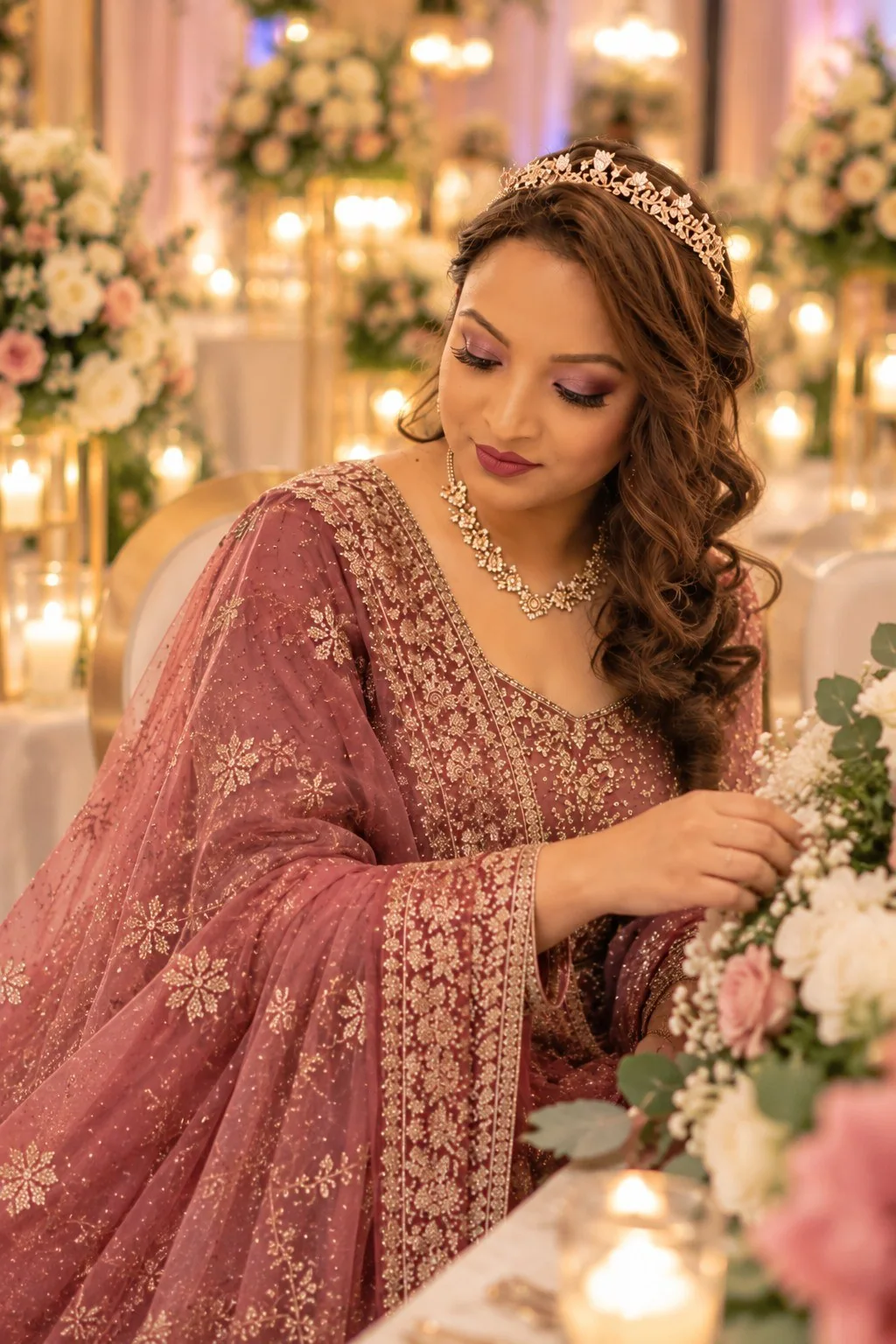 Guest in an embroidered pink outfit among event florals