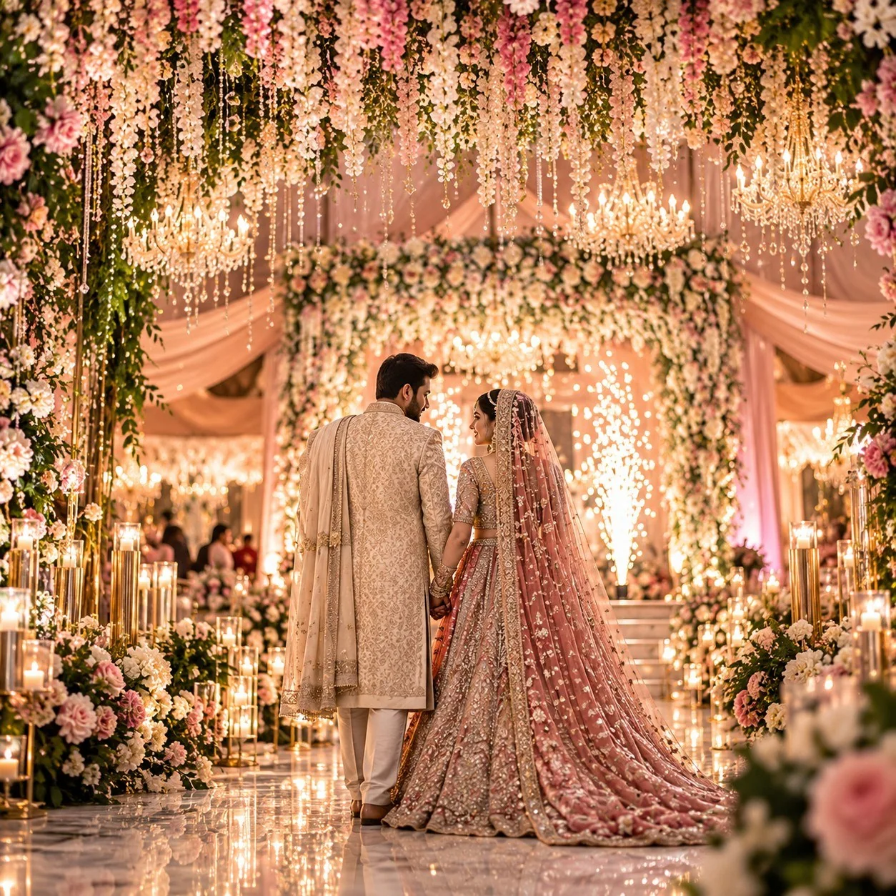 Gold and white decorated wedding stage